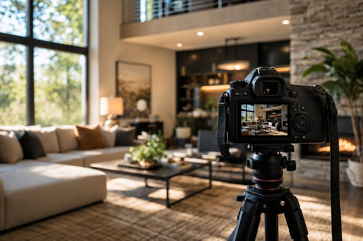 Shooting immobilier en cours : boîtier sur trépied face à un séjour parisien