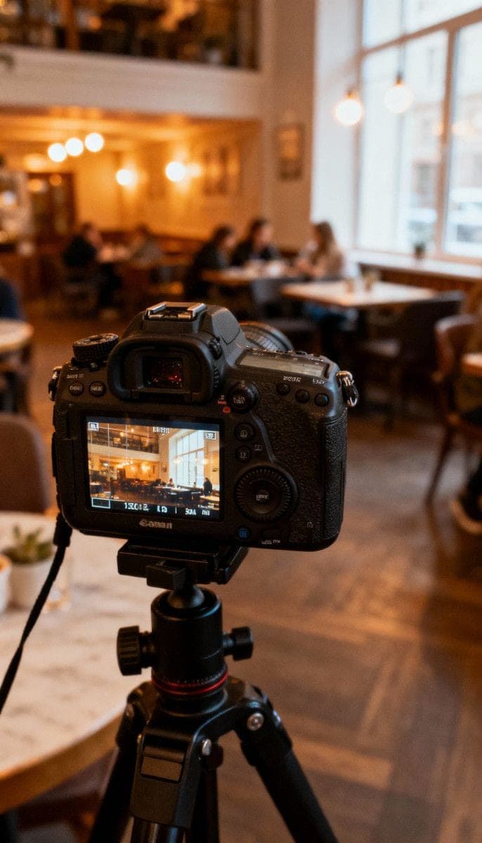 Shooting photo en cours dans un café-restaurant parisien, boîtier sur trépied face à la salle